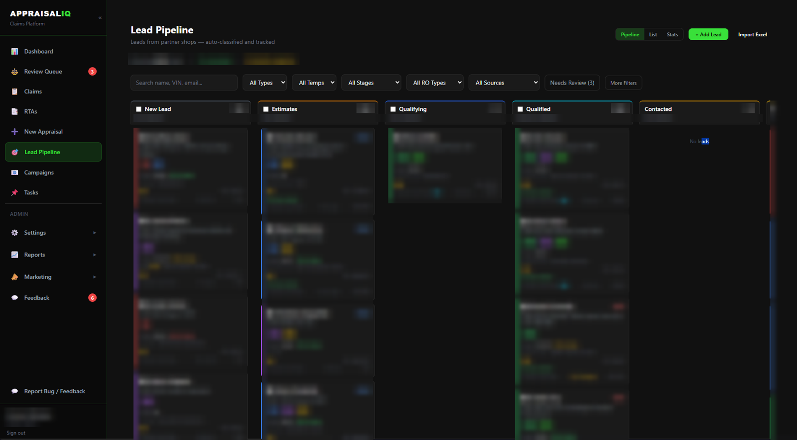 AppraisalIQ lead pipeline board